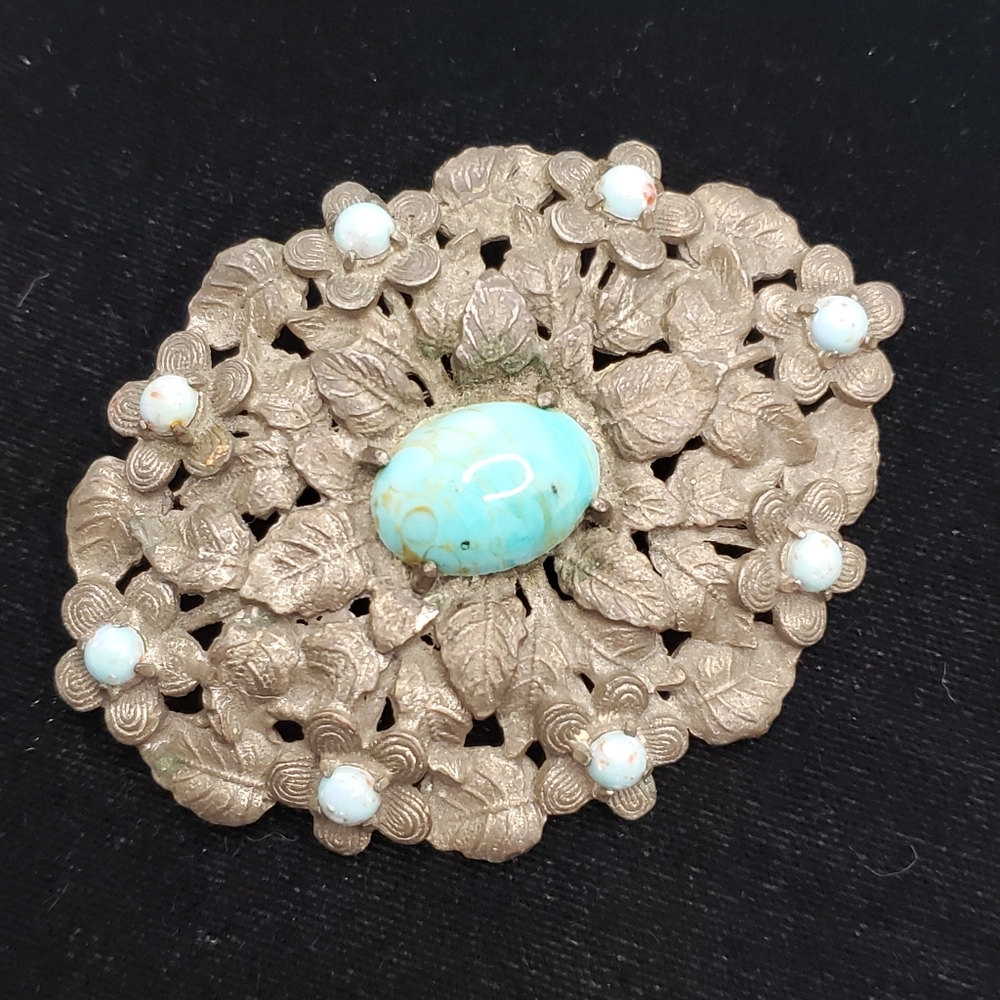 Vintage 1930's Leaves and Flowers Collar Brooch with Faux Turquoise Glass